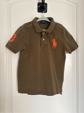 Ralph Lauren Brown Polo with Orange Pony and Sleeve Patch